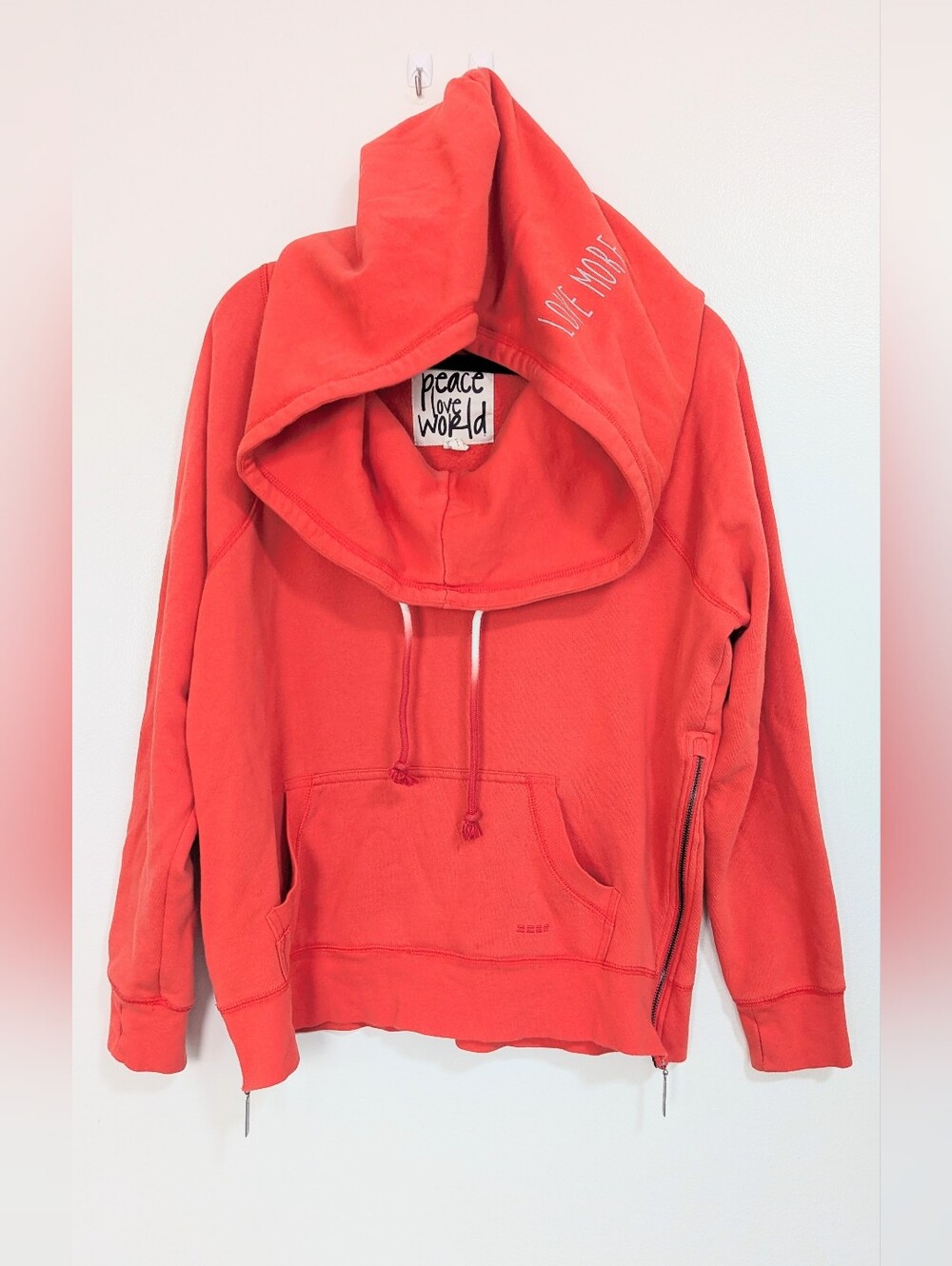 Peace Love World Coral Orange Pink Love More Cowl Neck Hoodie Size Medium